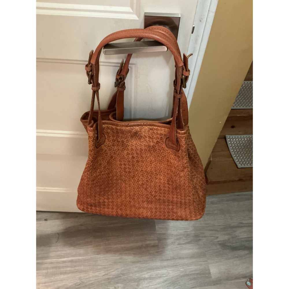 Valentina Woven Leather Tote Bag Cognac Tan Made in Italy Shoulder Bag